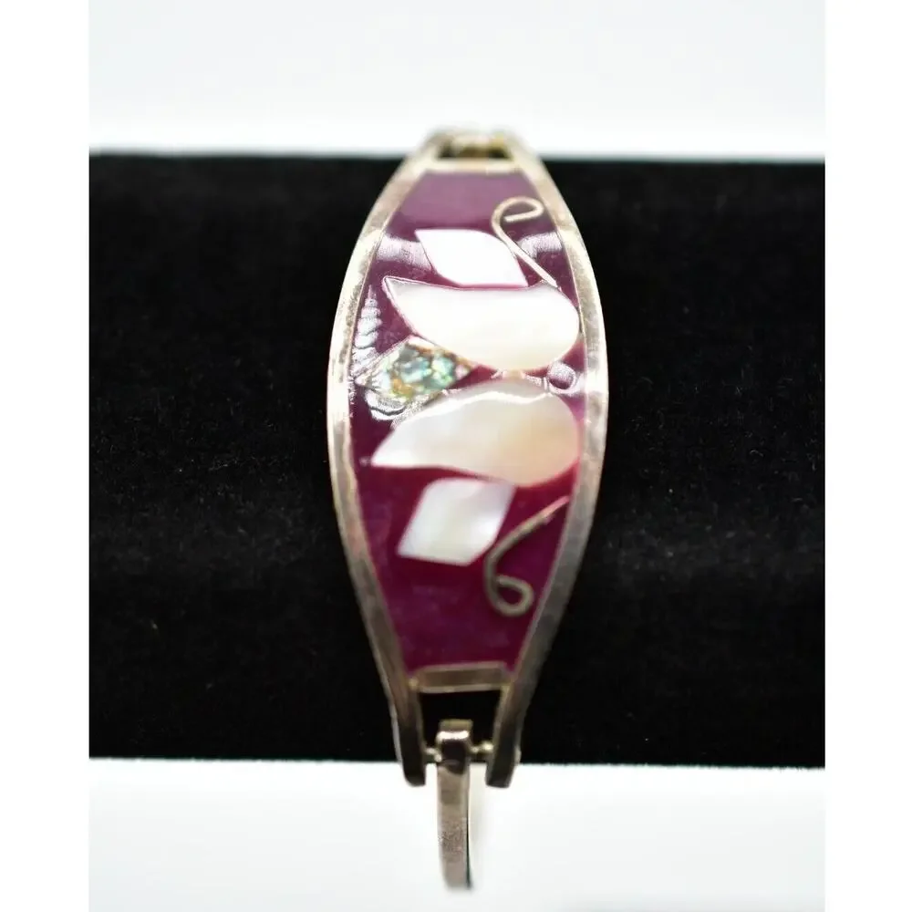 Vintage Bangle Bracelet Mexico Hinged Silver Mother Pearl Inlay Red Enamel Bin2